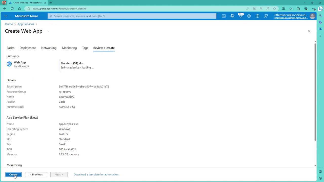The image shows the "Create Web App" page on the Microsoft Azure portal, displaying a summary and details of a web app configuration, including subscription, resource group, and app service plan information.