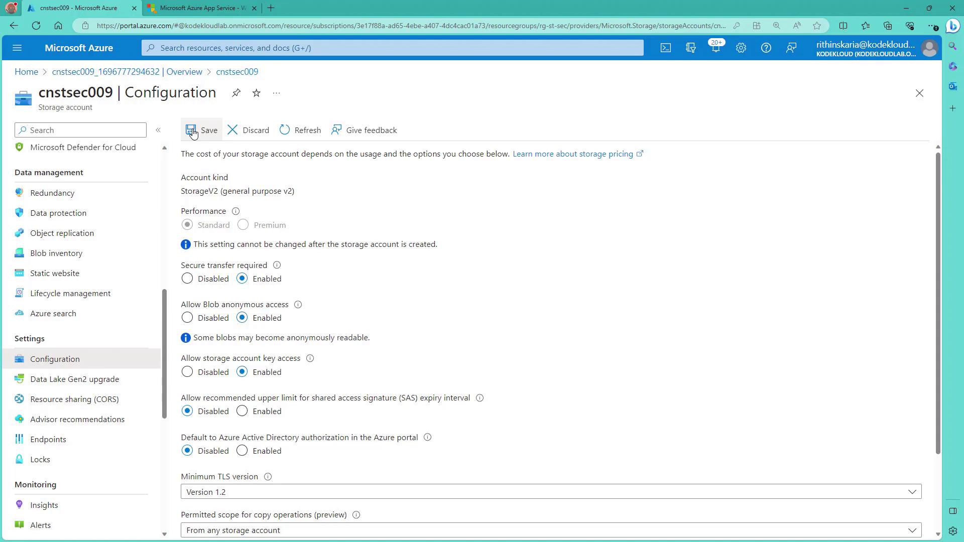 The image shows a Microsoft Azure portal configuration page for a storage account, displaying various settings such as account kind, performance, and access options.