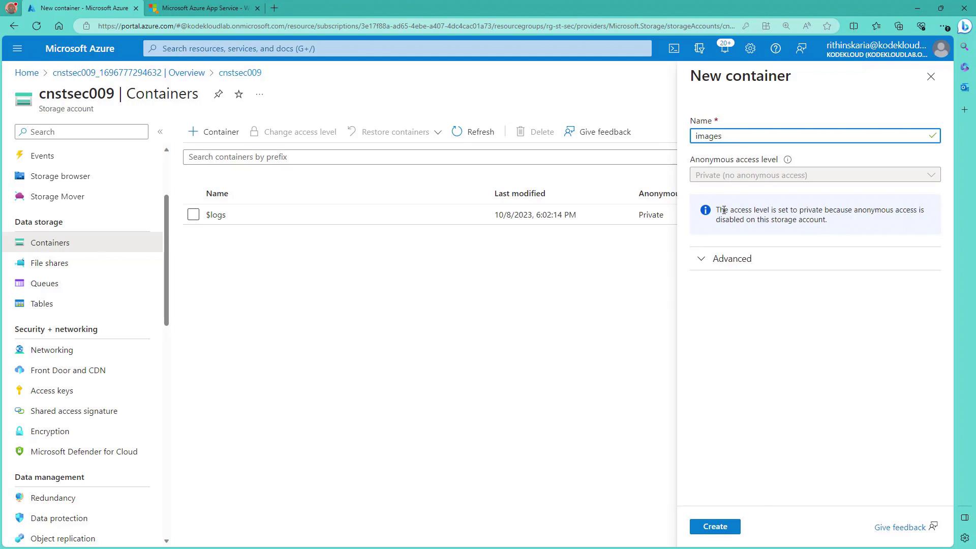 The image shows a Microsoft Azure portal interface with a storage account container view. A new container named "images" is being created with private access settings.