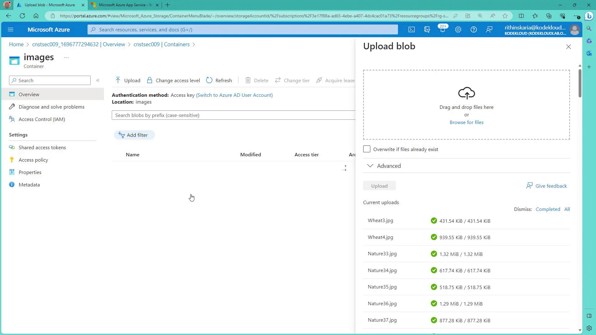 The image shows a Microsoft Azure portal interface for uploading blobs to a container named "images," with a list of successfully uploaded files displayed on the right.