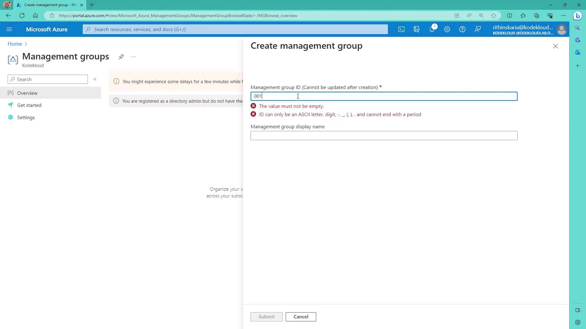 The image shows a Microsoft Azure portal interface for creating a management group, with an error message indicating that the management group ID cannot be empty and must follow specific character rules.