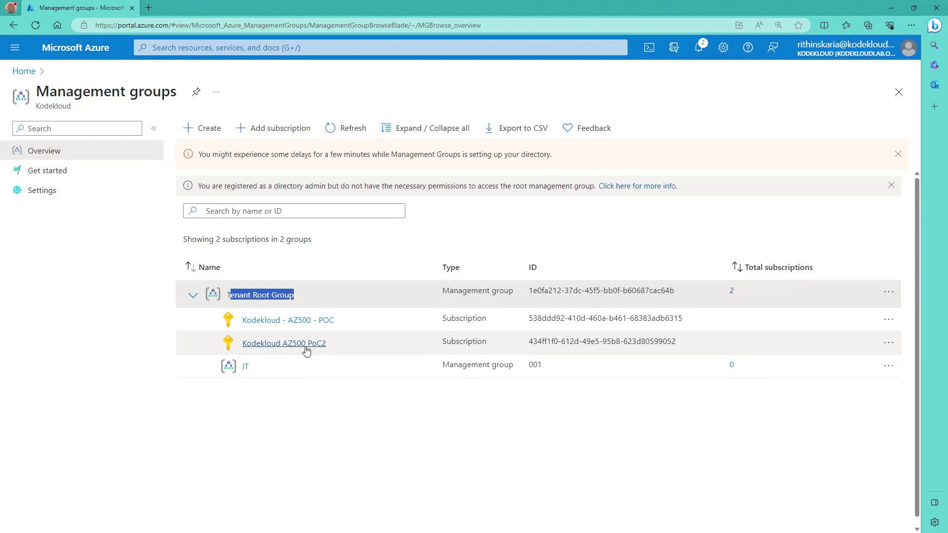The image shows the Microsoft Azure portal displaying a list of management groups and subscriptions, including details like names, types, and IDs.