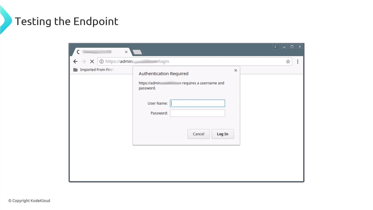 The image shows a web browser with a pop-up window titled "Authentication Required," prompting for a username and password. The browser is accessing a login page, and the text "Testing the Endpoint" is visible at the top.