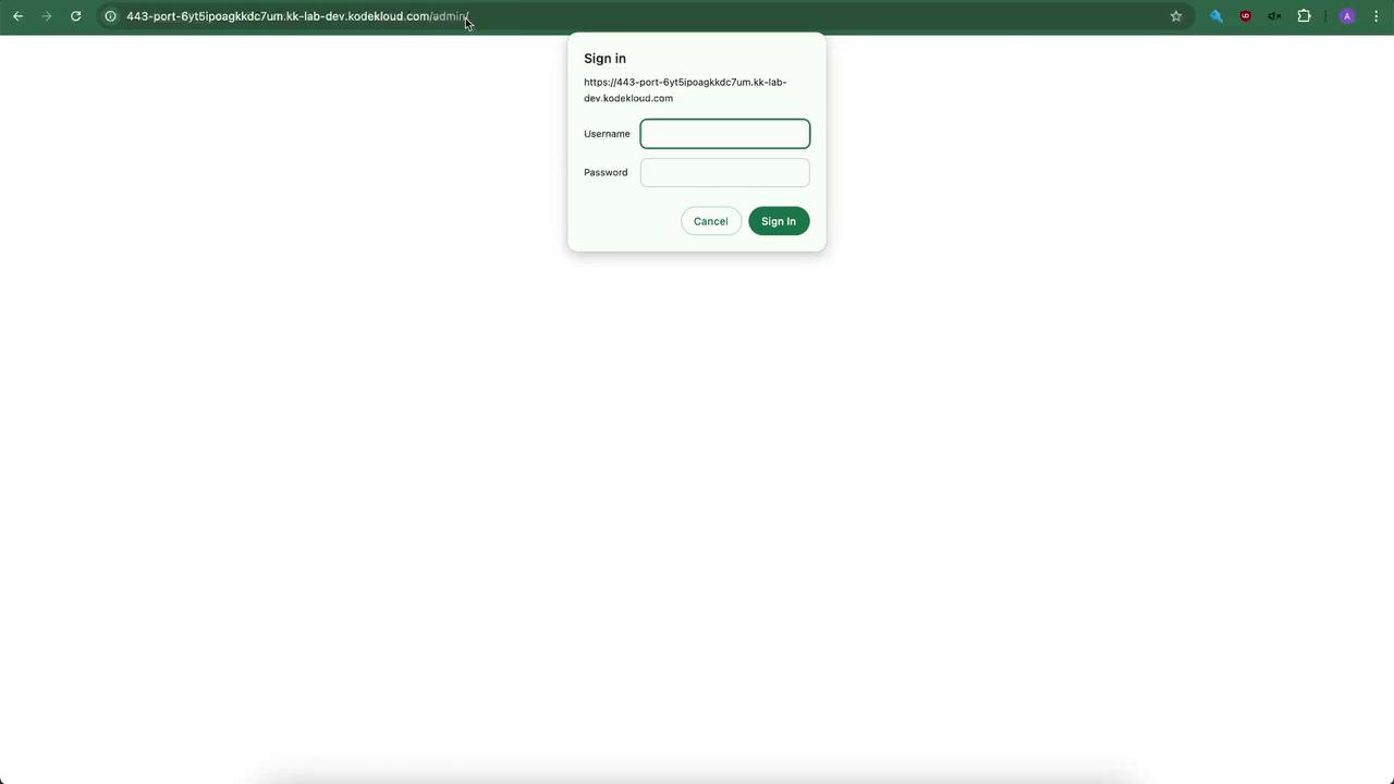 The image shows a web browser with a login prompt for a website, asking for a username and password. The URL in the address bar is related to a KodeKloud lab environment.