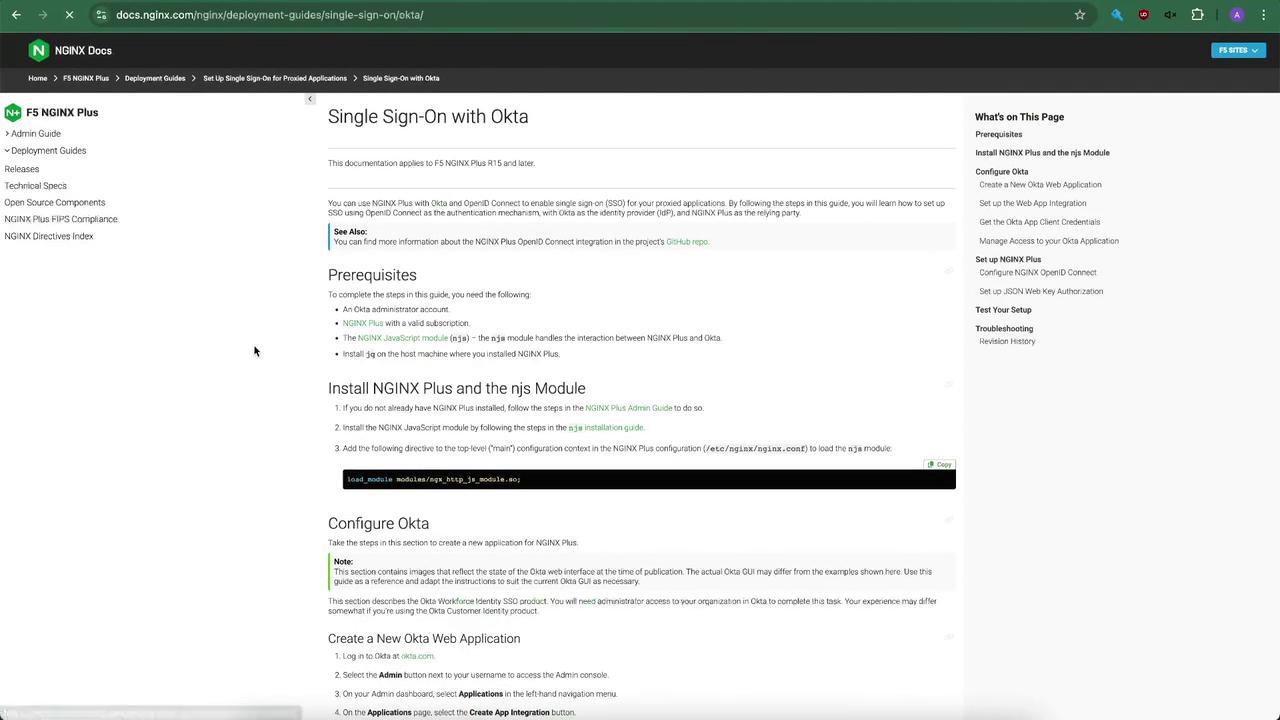 The image shows a webpage from NGINX Docs detailing a guide on setting up Single Sign-On with Okta for NGINX Plus. It includes sections on prerequisites, installation, and configuration steps.