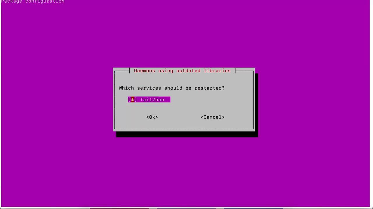 The image shows a dialog box on a purple background, prompting the user to restart the "fail2ban" service due to outdated libraries, with options to select "Ok" or "Cancel."