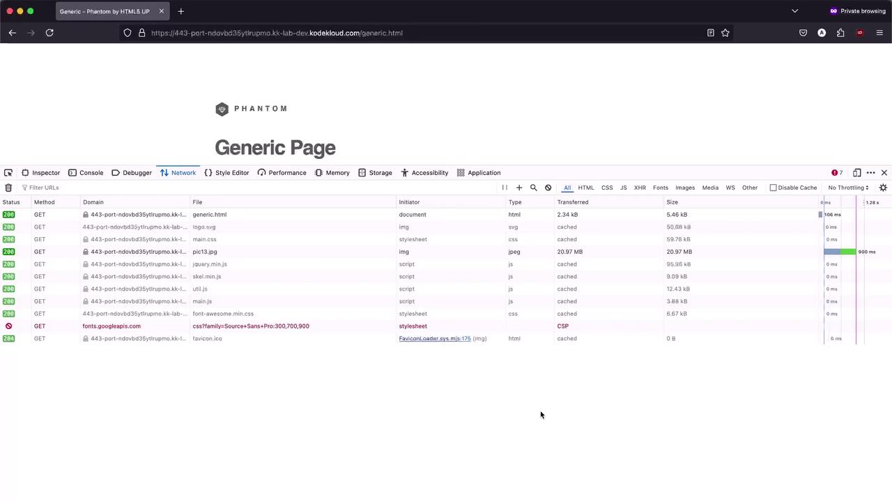 The image shows a browser window displaying a "Generic Page" with the network tab of developer tools open, listing various resources loaded by the page.