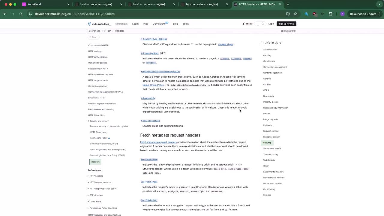 The image shows a webpage from MDN Web Docs about HTTP headers, specifically focusing on security-related headers. The page includes a list of topics on the left and a detailed explanation of various headers in the main content area.