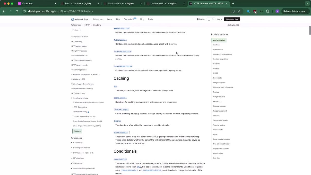 The image shows a webpage from MDN Web Docs detailing HTTP headers, including sections on authentication, caching, and conditionals. The page includes a sidebar with links to related topics.
