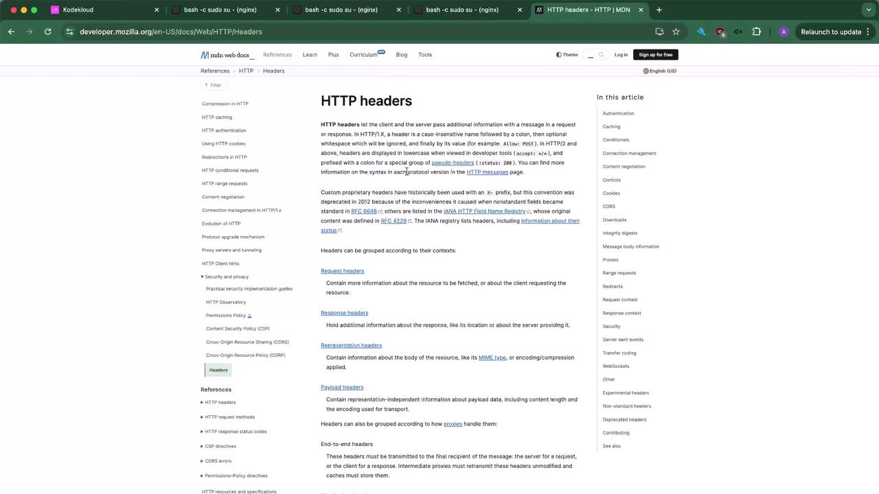 The image shows a webpage from MDN Web Docs about HTTP headers, detailing their purpose and types. The page includes a sidebar with related topics and a main section explaining HTTP headers.