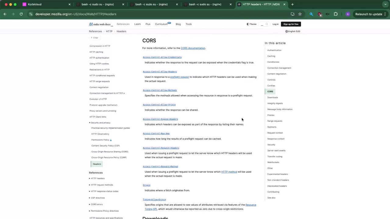 The image shows a webpage from MDN Web Docs about CORS (Cross-Origin Resource Sharing), detailing various HTTP headers related to CORS. The page includes a sidebar with links to related topics.