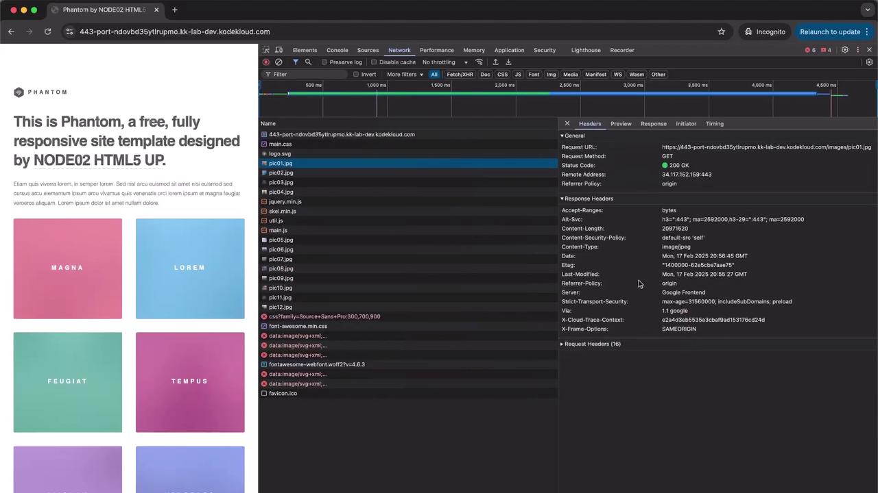 The image shows a web browser displaying a site template called "Phantom" alongside the browser's developer tools, specifically the Network tab, which lists various resources and their details.