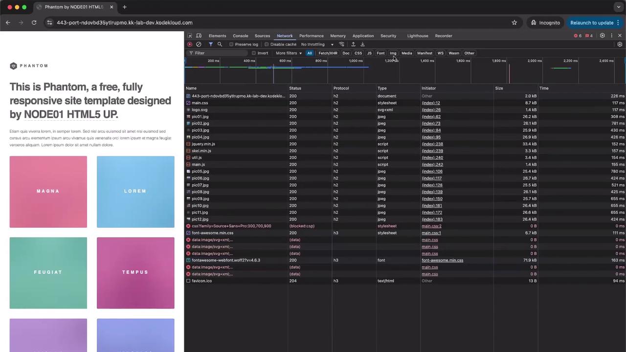The image shows a web browser with a split view: on the left, a webpage titled "Phantom" with a site template description and colorful boxes; on the right, a network activity panel displaying various resources loaded by the page.