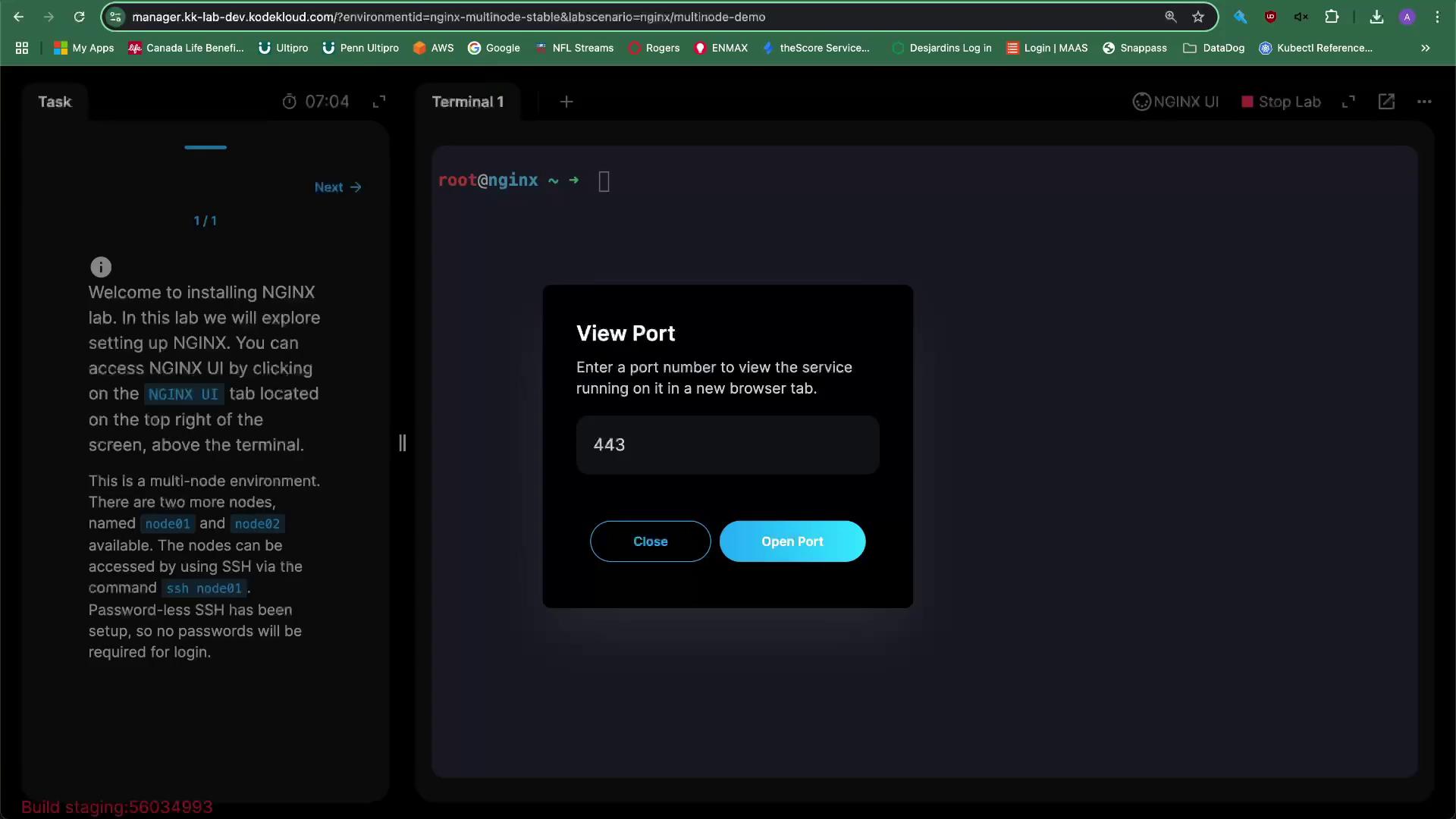 The image shows a terminal interface for an NGINX lab setup, with instructions on accessing the NGINX UI and a pop-up window prompting for a port number to view a service.