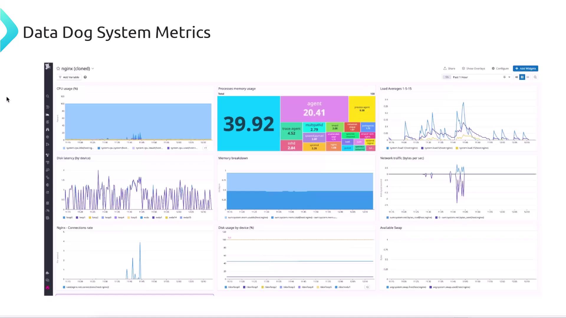 The image shows a dashboard of Data Dog System Metrics, displaying various system performance graphs such as CPU usage, memory usage, disk latency, load averages, network traffic, and available swap.