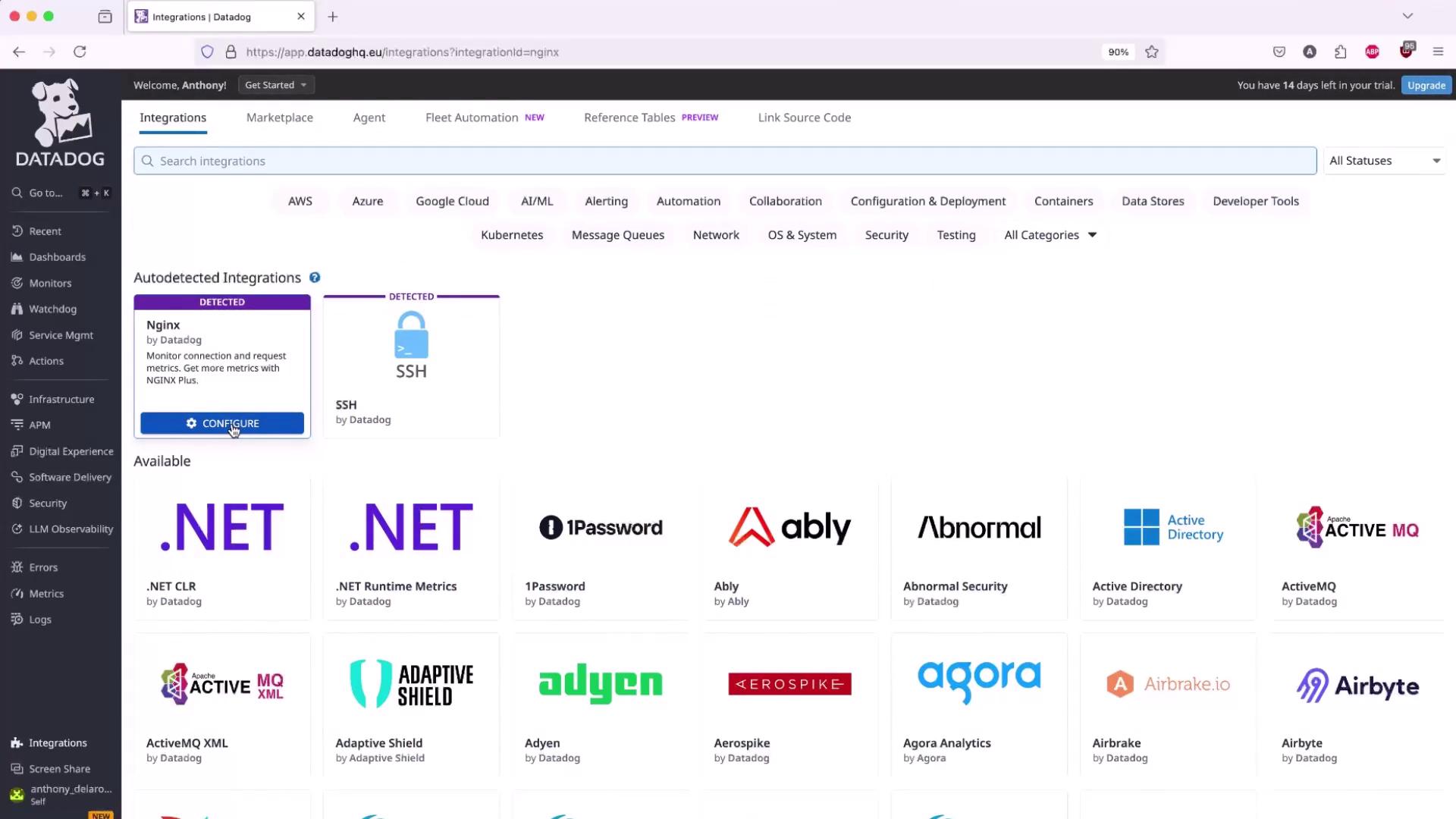 The image shows a Datadog integrations dashboard with autodetected integrations for Nginx and SSH, and a list of available integrations like .NET, 1Password, and Ably.