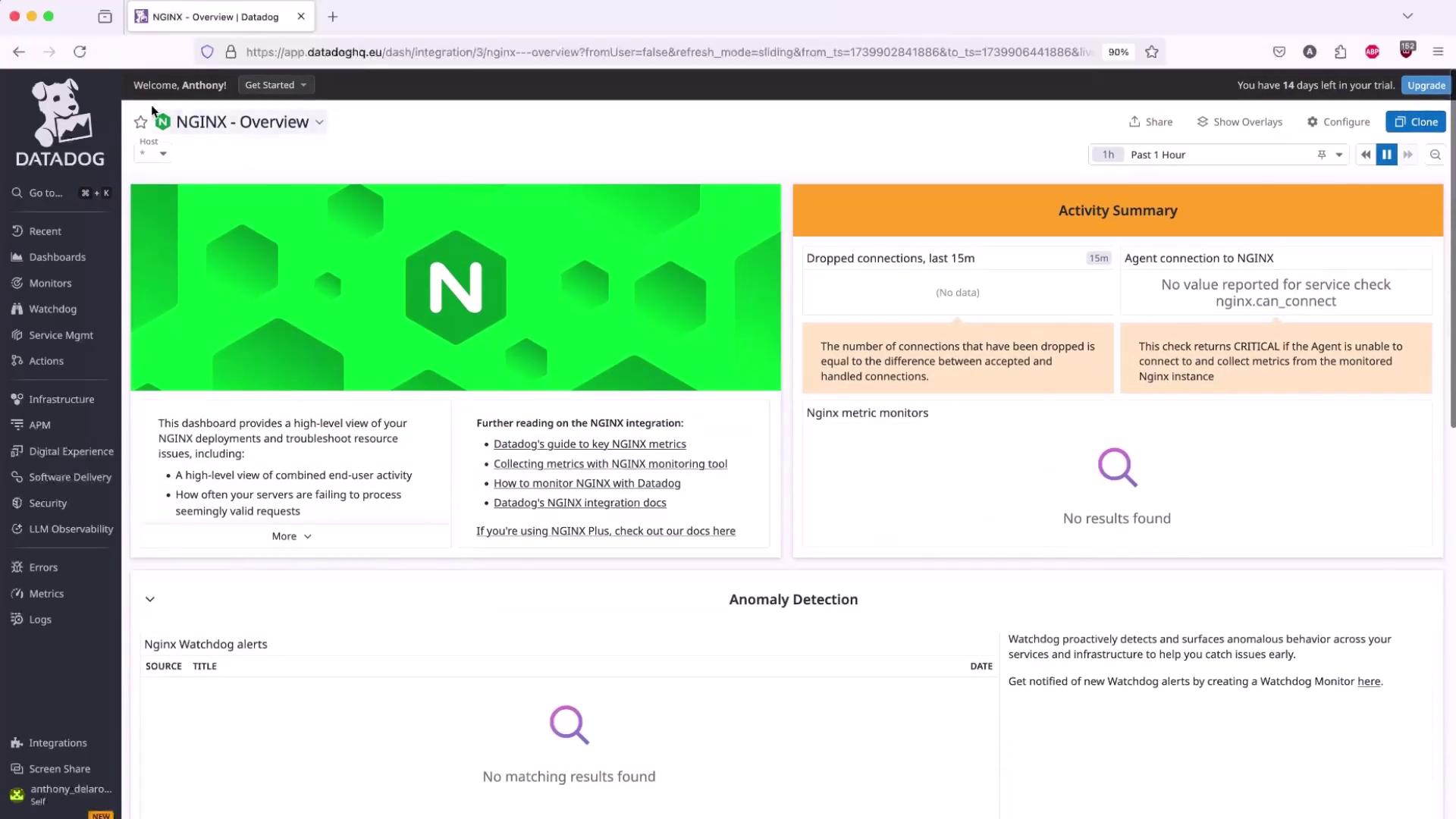 The image shows a Datadog dashboard for NGINX, displaying an overview of metrics and activity summaries, with sections for anomaly detection and watchdog alerts.