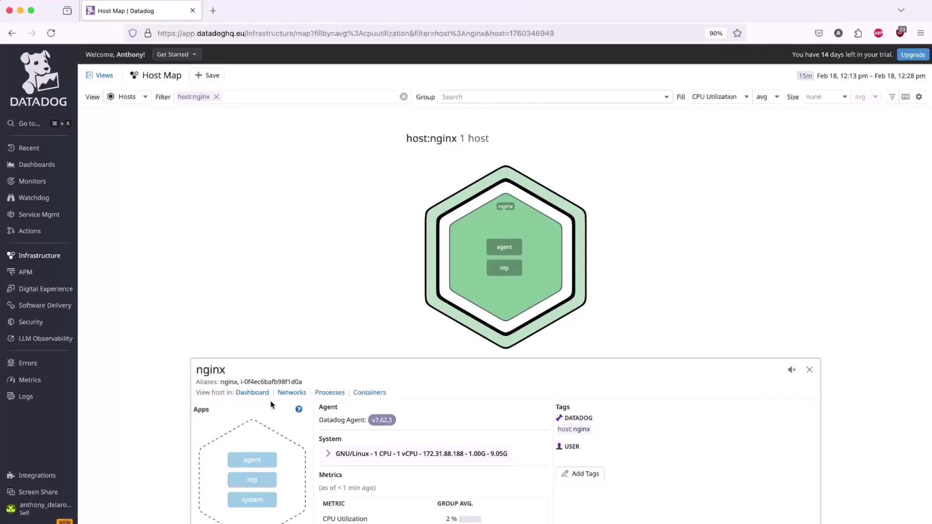 The image shows a Datadog host map interface displaying information about an Nginx host, including CPU utilization and system metrics. The interface includes a hexagonal diagram and detailed metrics in a sidebar.