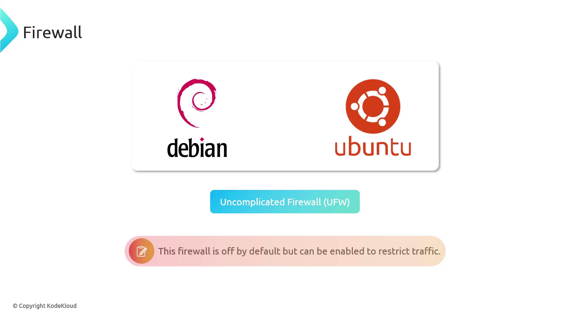 The image shows the logos of Debian and Ubuntu with a note about the Uncomplicated Firewall (UFW), indicating it is off by default but can be enabled to restrict traffic.