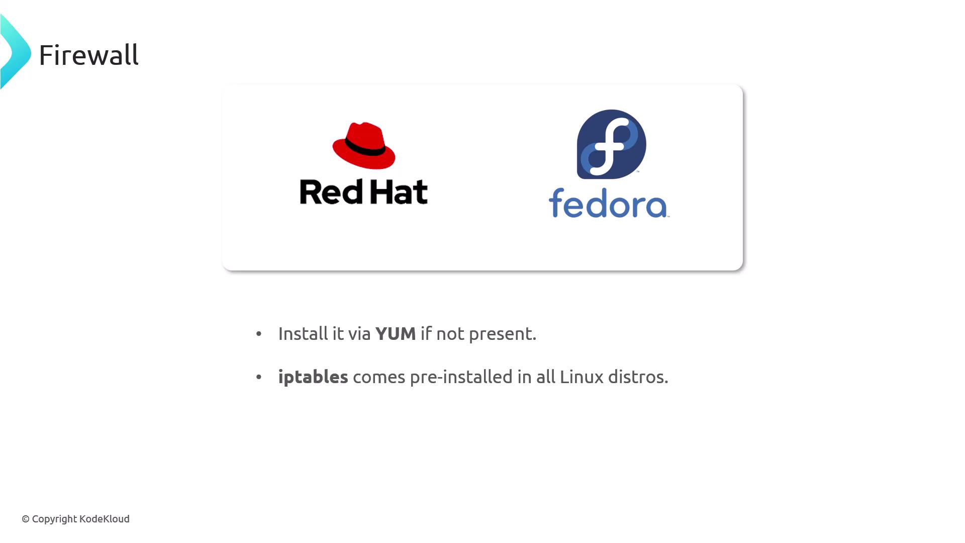 The image shows logos for Red Hat and Fedora, with text about installing a firewall via YUM and mentions that iptables comes pre-installed in all Linux distributions.