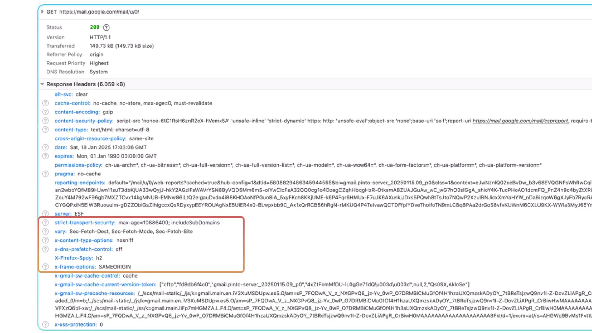 The image shows a screenshot of HTTP response headers from a GET request to a Gmail URL, including details like status, content type, and security policies. Some headers are highlighted, such as strict-transport-security and x-frame-options.