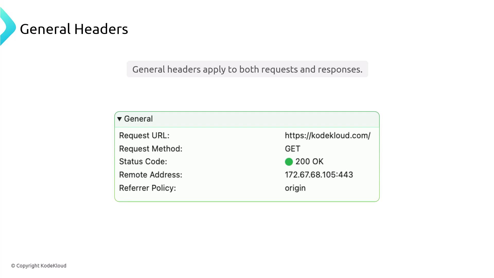 The image shows a section of general headers for a web request, including details like the request URL, method, status code, remote address, and referrer policy.