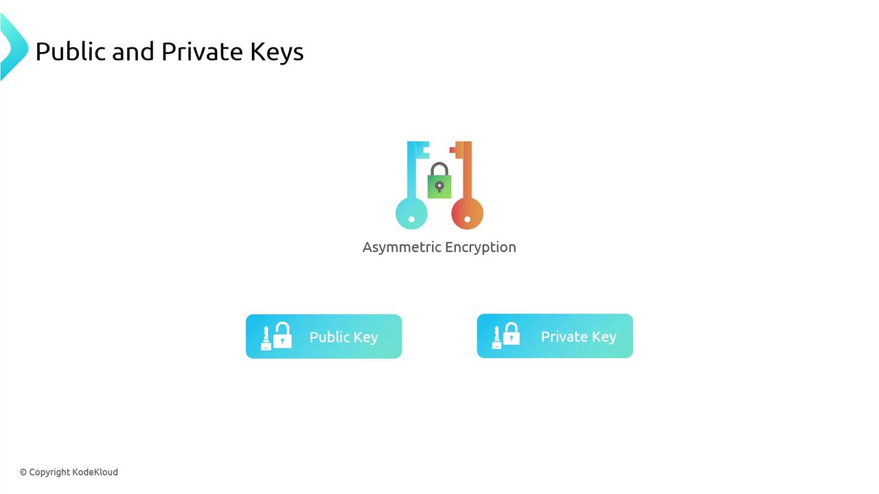 The image illustrates the concept of asymmetric encryption, showing a pair of keys labeled as "Public Key" and "Private Key."