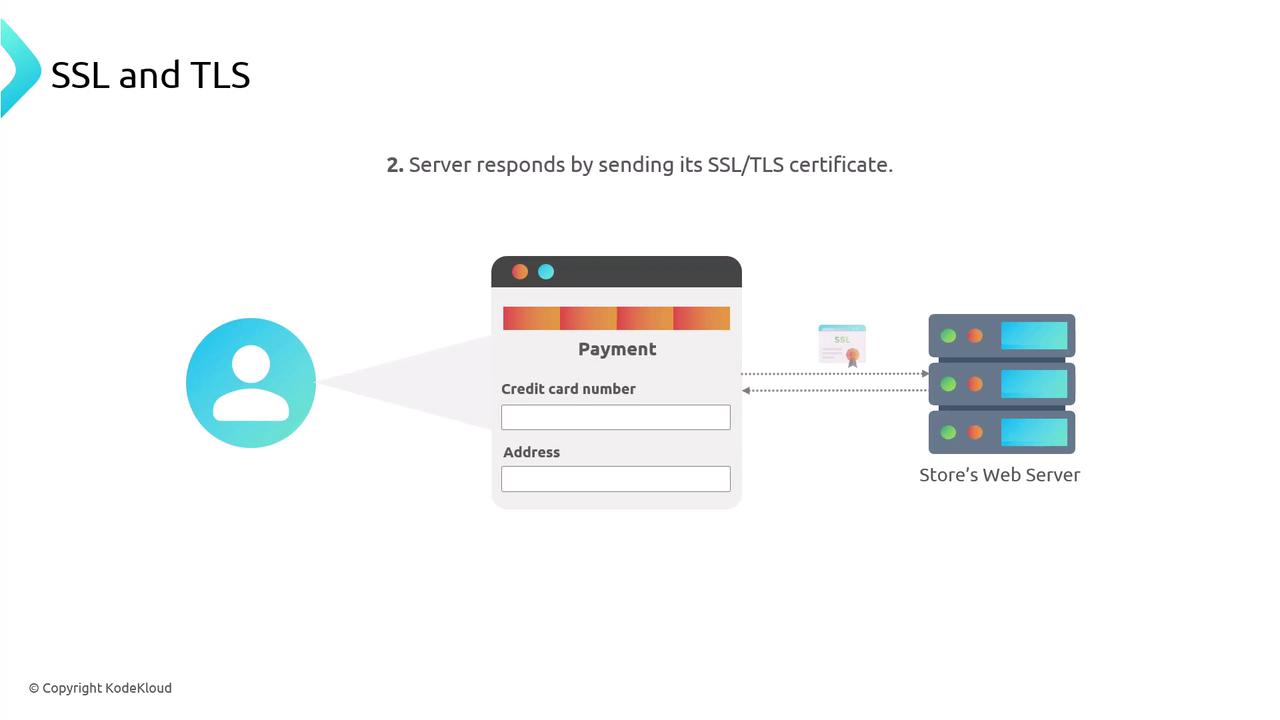 The image illustrates a process where a server responds by sending its SSL/TLS certificate during a payment transaction, involving a user and a store's web server.