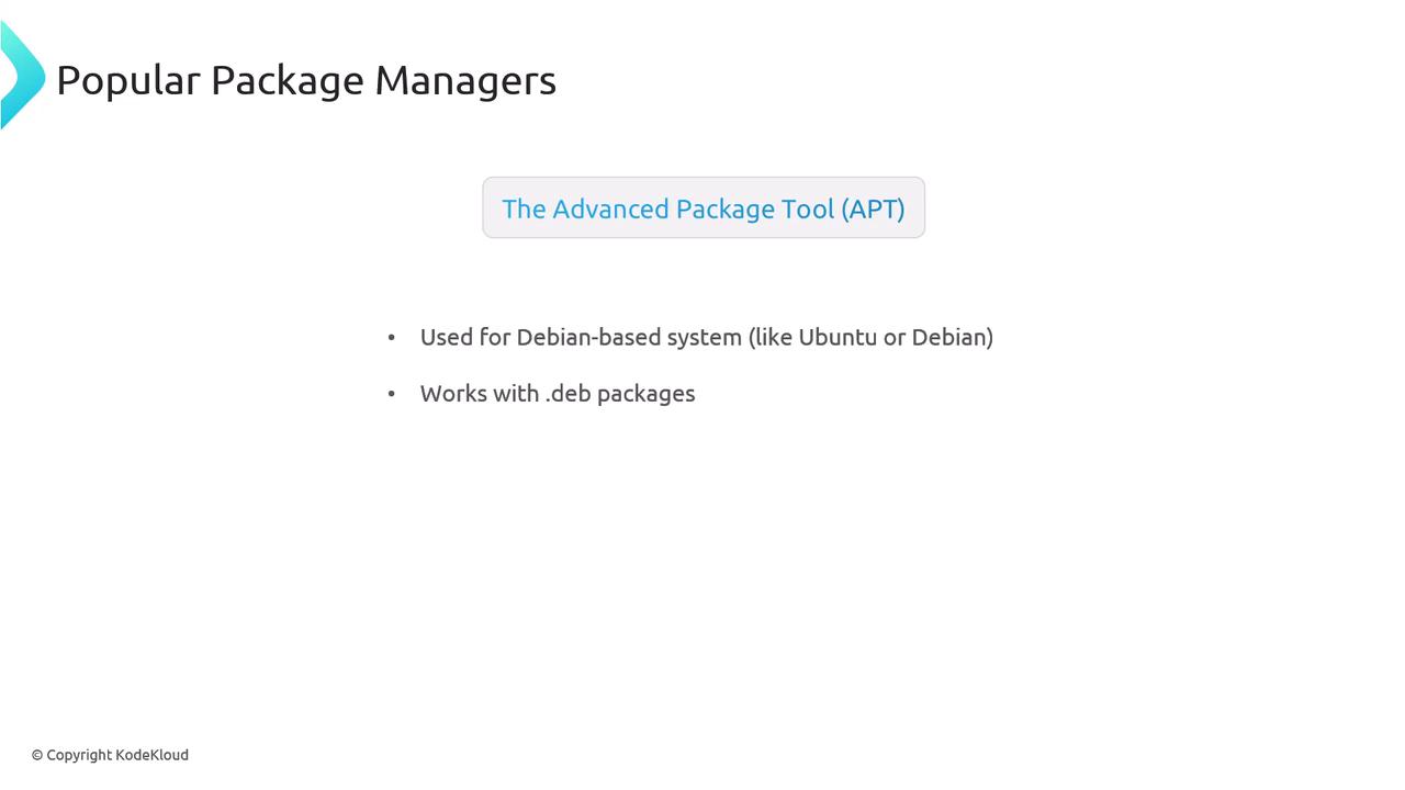 The image is a slide about the Advanced Package Tool (APT), a package manager used for Debian-based systems like Ubuntu, which works with .deb packages.