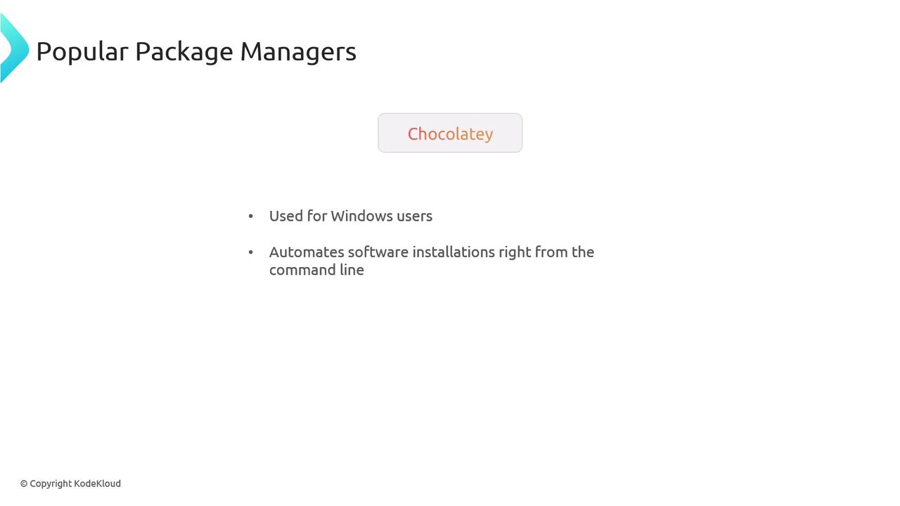 The image is a slide titled "Popular Package Managers" featuring "Chocolatey," which is used for Windows users to automate software installations from the command line.