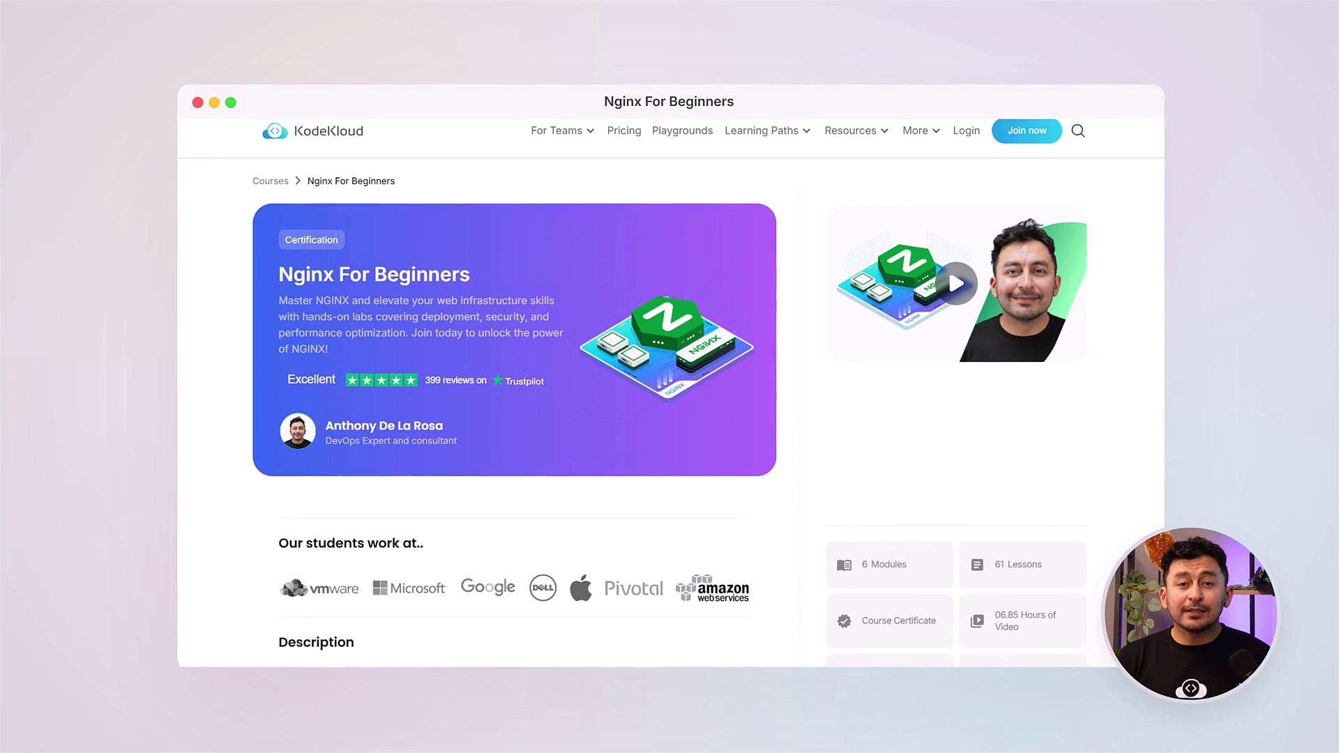 The image is a webpage for a course titled "Nginx For Beginners" on KodeKloud, featuring course details, ratings, and an instructor's photo. It also lists companies where students work, such as VMware, Microsoft, and Google.