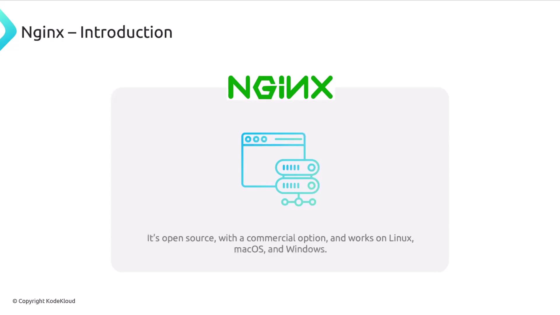 The image is an introduction to Nginx, highlighting that it is open source with a commercial option and compatible with Linux, macOS, and Windows. It includes a graphic of a web browser and servers.
