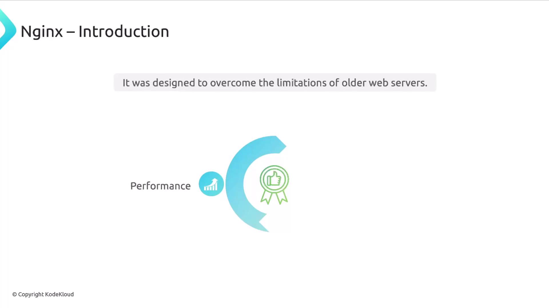 The image is an introduction slide about Nginx, highlighting its design to overcome limitations of older web servers, with a focus on performance. It includes icons representing performance and quality.