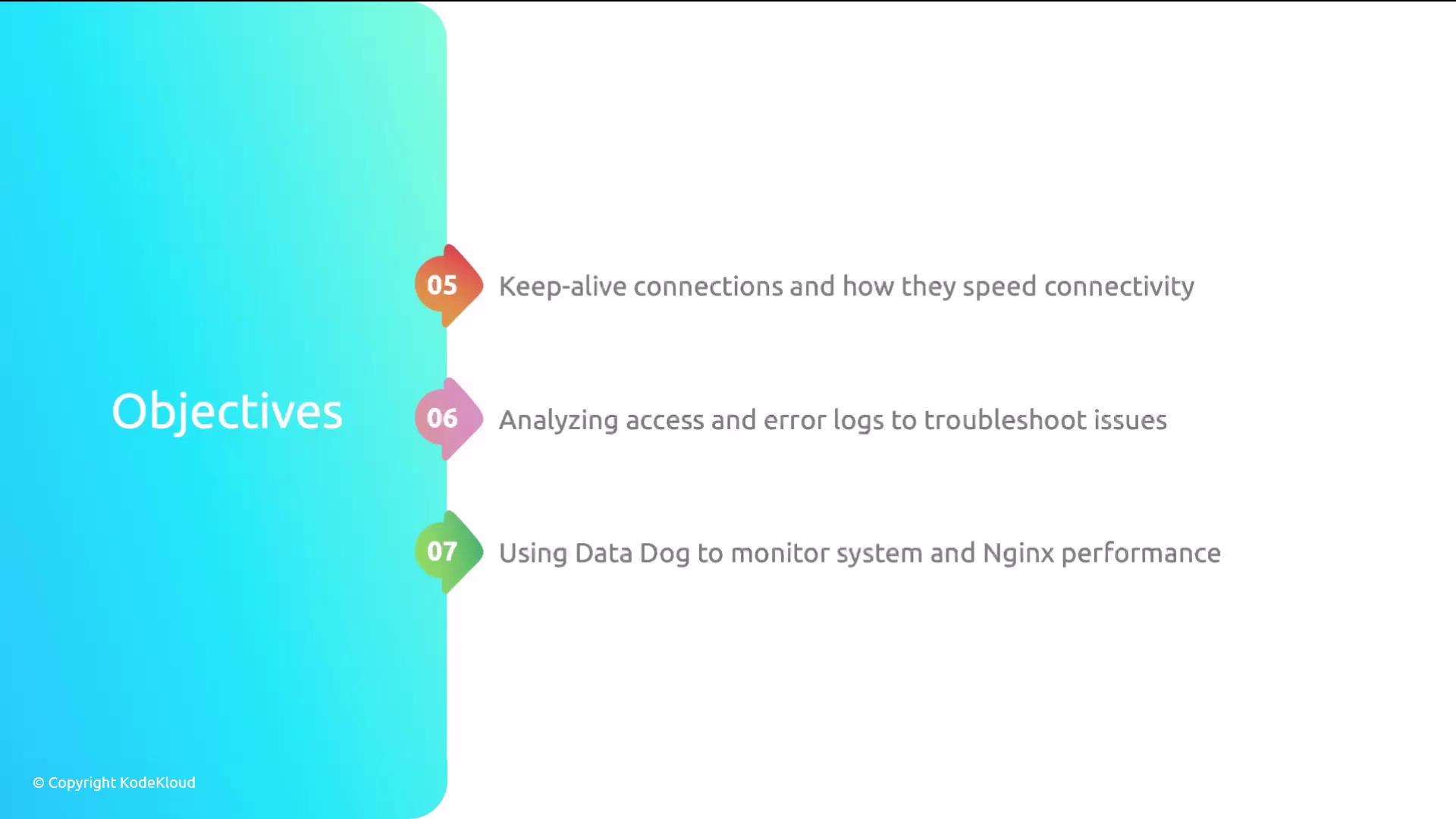 The image lists objectives related to connectivity, log analysis, and system monitoring using Data Dog, with a colorful sidebar labeled "Objectives."