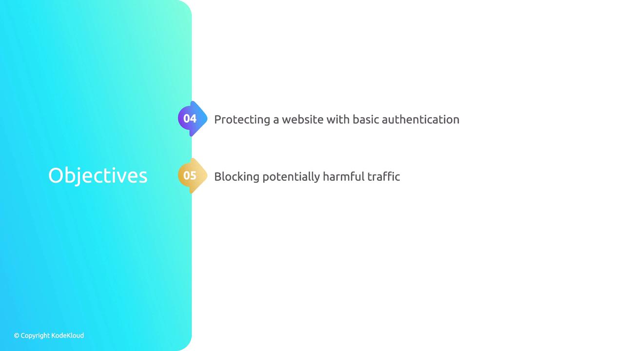 The image lists two objectives: protecting a website with basic authentication and blocking potentially harmful traffic. It features a gradient background with numbered points.