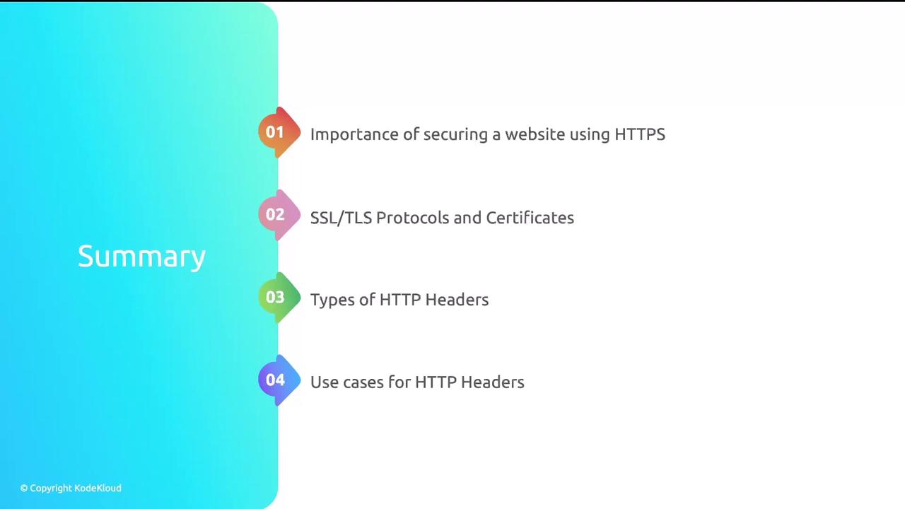 The image is a summary slide listing four topics: the importance of securing a website using HTTPS, SSL/TLS protocols and certificates, types of HTTP headers, and use cases for HTTP headers.