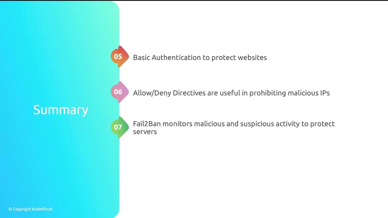 The image is a summary slide highlighting three security measures: Basic Authentication for website protection, Allow/Deny Directives for blocking malicious IPs, and Fail2Ban for monitoring suspicious activity to protect servers.