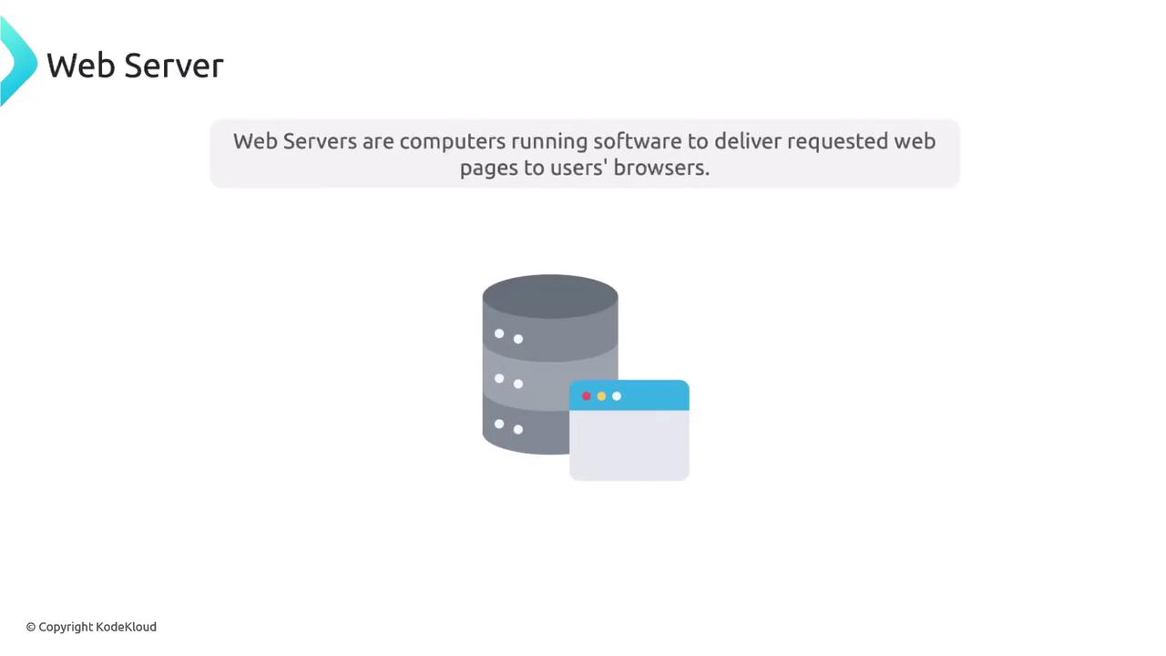 The image illustrates a web server concept with an icon of a server and a browser window, accompanied by a brief description of web servers.