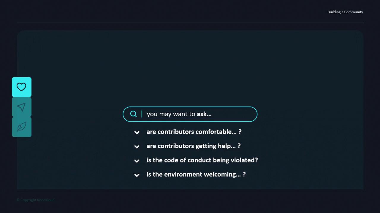 The image shows a search interface with questions related to community building, such as contributors' comfort and code of conduct. It includes icons on the left and a copyright notice for KodexCloud.
