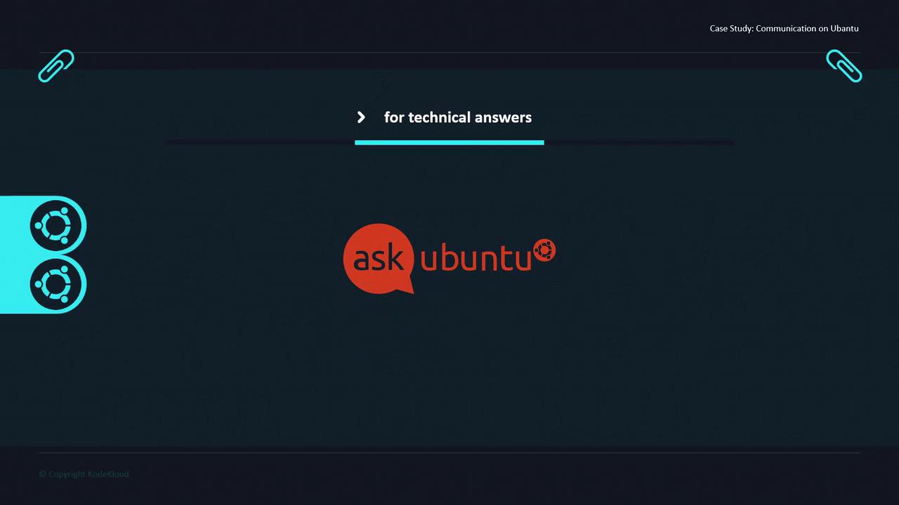 The image features the "Ask Ubuntu" logo with the text "for technical answers" above it, set against a dark background with Ubuntu-themed icons.