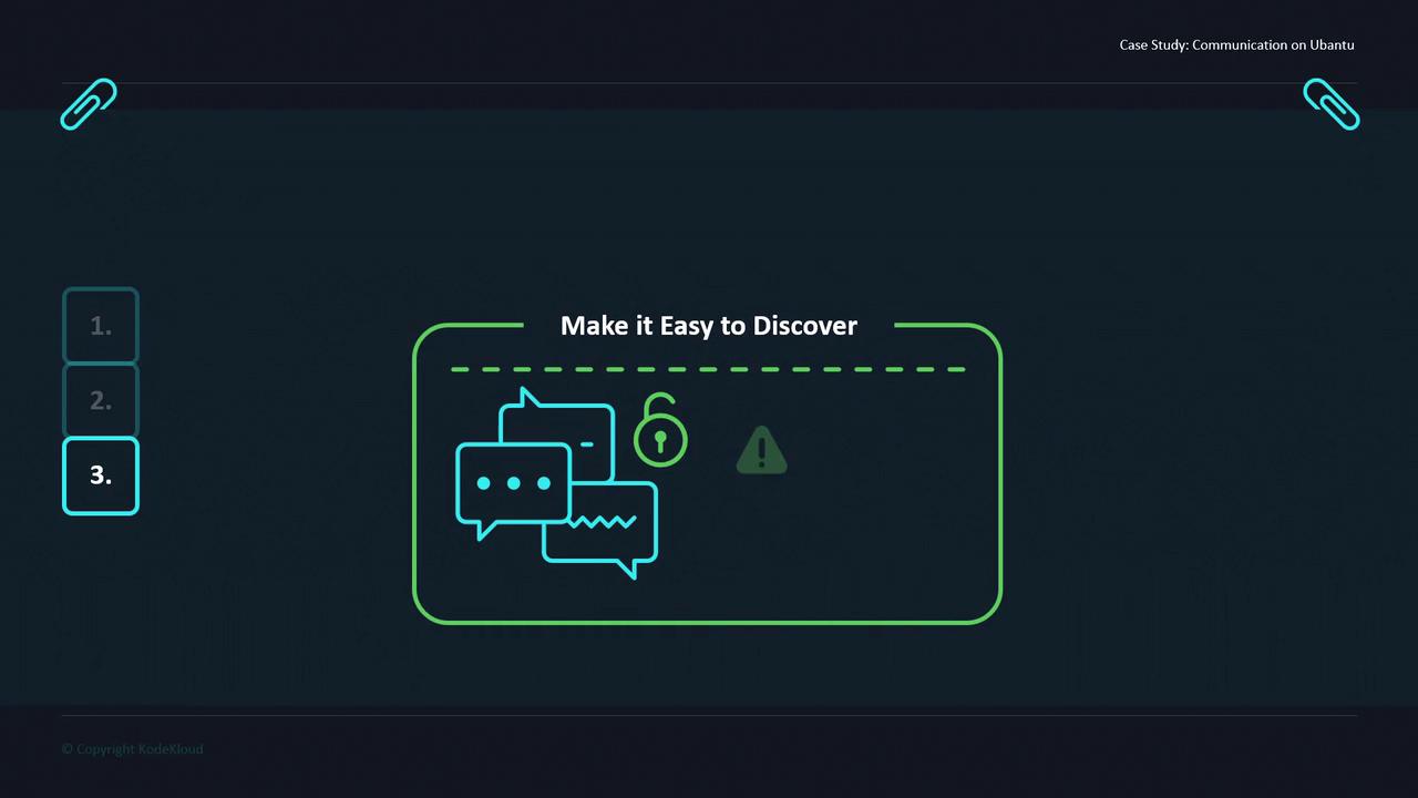 The image is a slide titled "Make it Easy to Discover," featuring icons of speech bubbles, an unlocked padlock, and a warning symbol. It is part of a case study on communication in Ubuntu by KodeKloud.