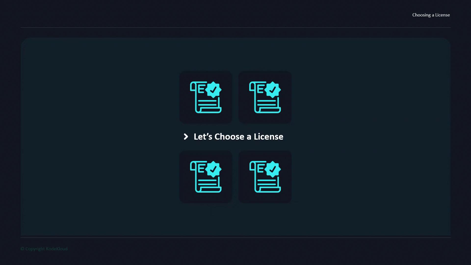 The image shows four icons of documents with checkmarks, accompanied by the text "Let's Choose a License."
