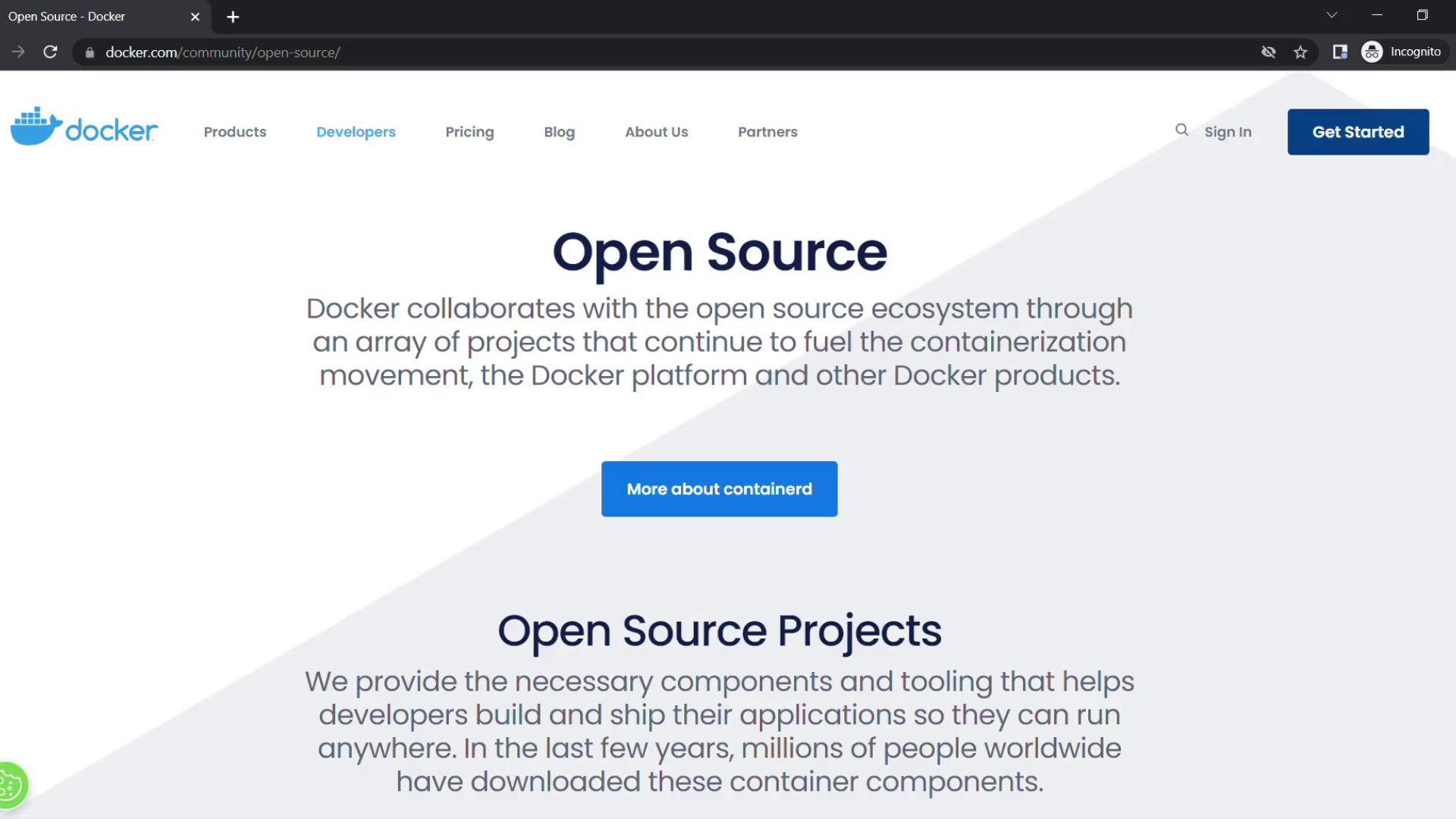 The image is a screenshot of the Docker website's "Open Source" page, highlighting Docker's collaboration with the open source ecosystem and its projects. It includes navigation links and a "Get Started" button.