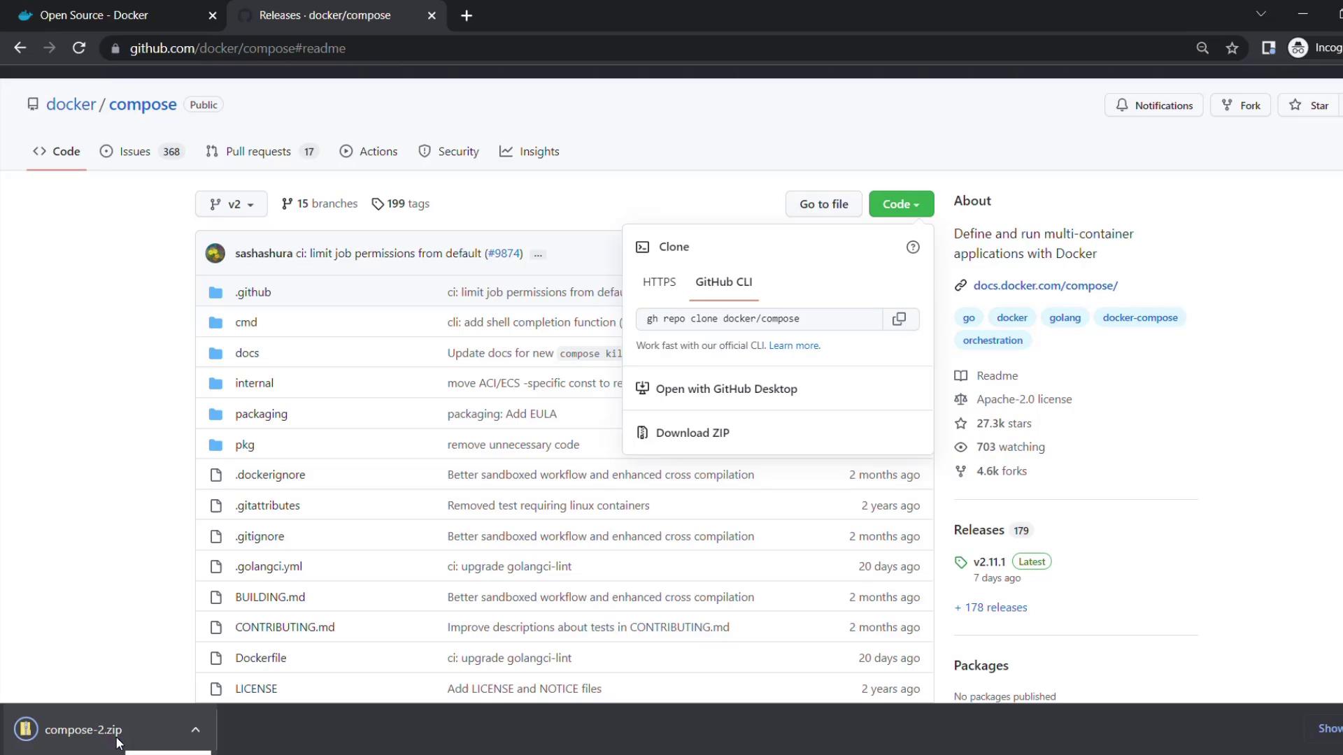 The image shows a GitHub repository page for "docker/compose," displaying the file structure, clone options, and repository details like stars and forks.