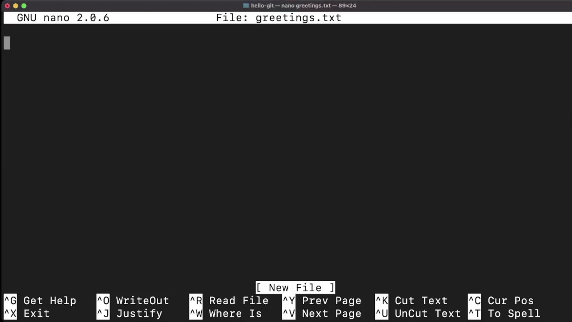 The image shows a GNU Nano text editor screen with a new file named "greetings.txt" open. The screen displays various command options at the bottom.