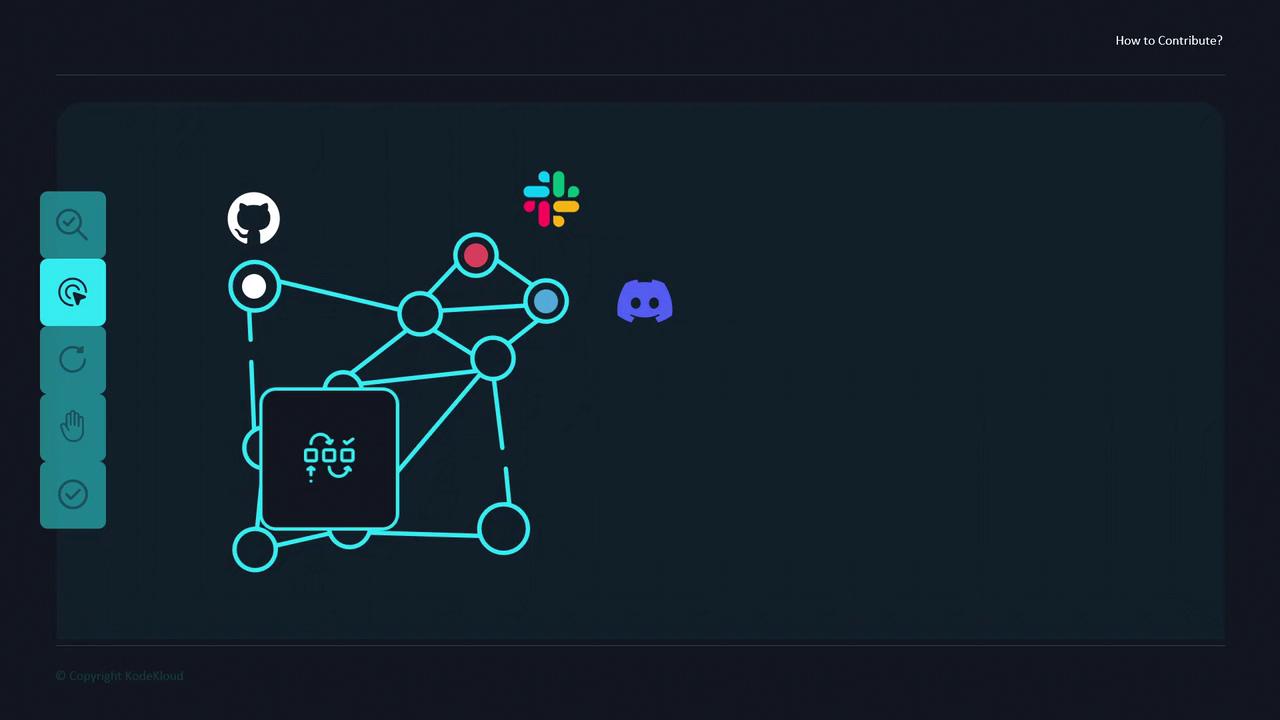 The image shows a network diagram with interconnected nodes and icons for GitHub, Slack, and Discord. It appears to represent a collaborative or communication platform.