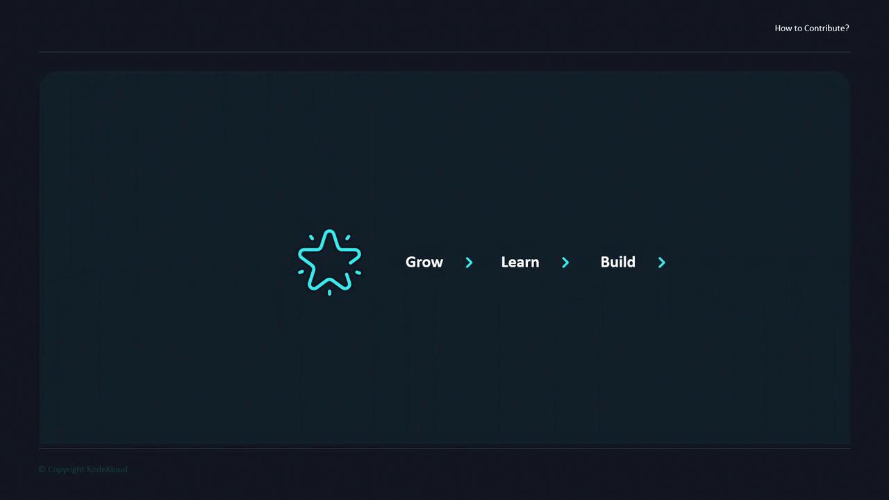 The image features a stylized star icon followed by the words "Grow," "Learn," and "Build," each separated by arrows, on a dark background.