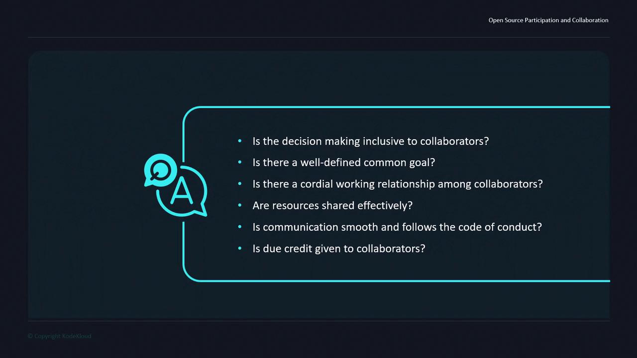 The image contains a list of questions related to open source participation and collaboration, focusing on inclusivity, goals, relationships, resource sharing, communication, and credit.