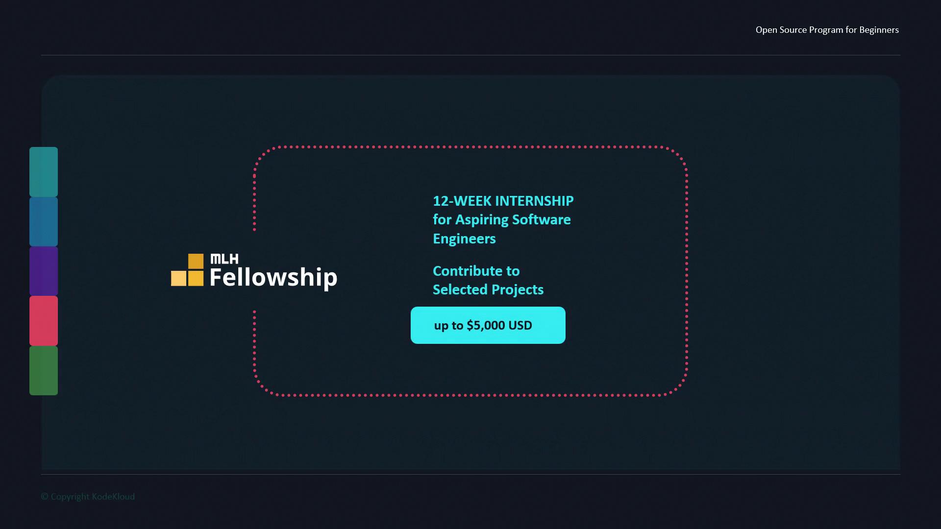 The image is an advertisement for the MLH Fellowship, a 12-week internship for aspiring software engineers, offering up to $5,000 USD for contributing to selected projects.