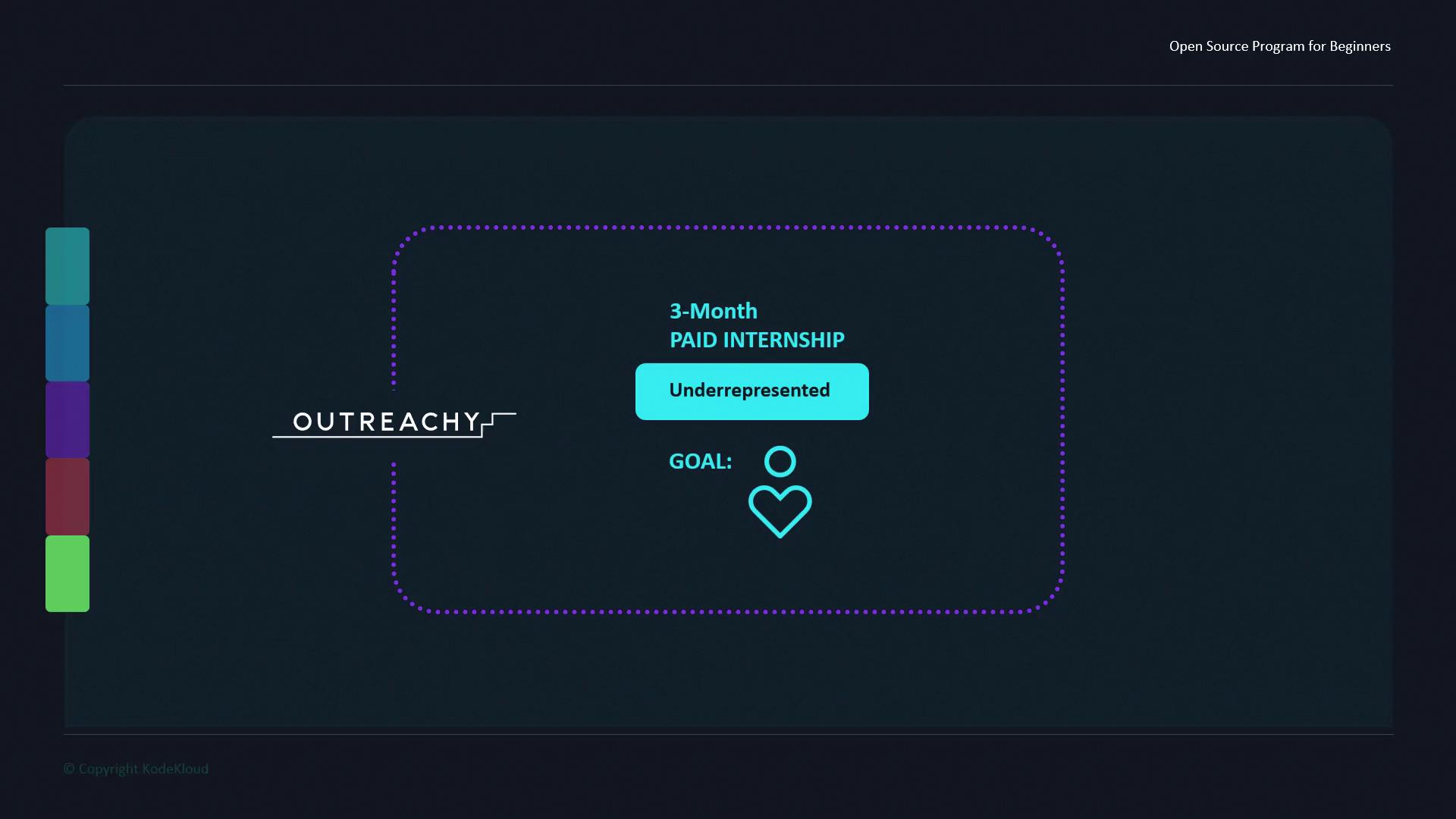 The image is a promotional graphic for Outreachy, highlighting a 3-month paid internship for underrepresented groups, with a goal symbolized by a heart.